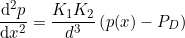 \begin{equation*} \frac{\mathrm{d}^2 p}{\mathrm{d}x^2} = \frac{K_1 K_2}{d^3} \left( p(x) - P_D \right) \end{equation*}